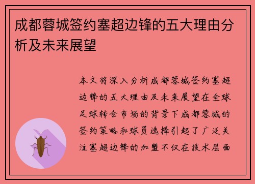 成都蓉城签约塞超边锋的五大理由分析及未来展望 成都蓉城签约塞超边锋的五大理由分析及未来展望