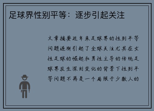 足球界性别平等:逐步引起关注 足球界性别平等:逐步引起关注